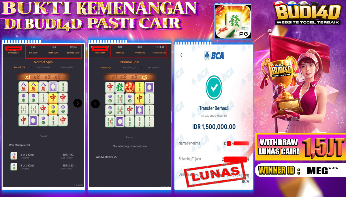 BUDI4D JACKPOT USER ID : MEG*** SLOT PG SOFT ( Mahjong Ways ) Rp.1.500.000,- LUNAS